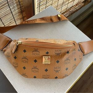 MCM Brown Belt Bag with Logo Pattern and Gold Zipper